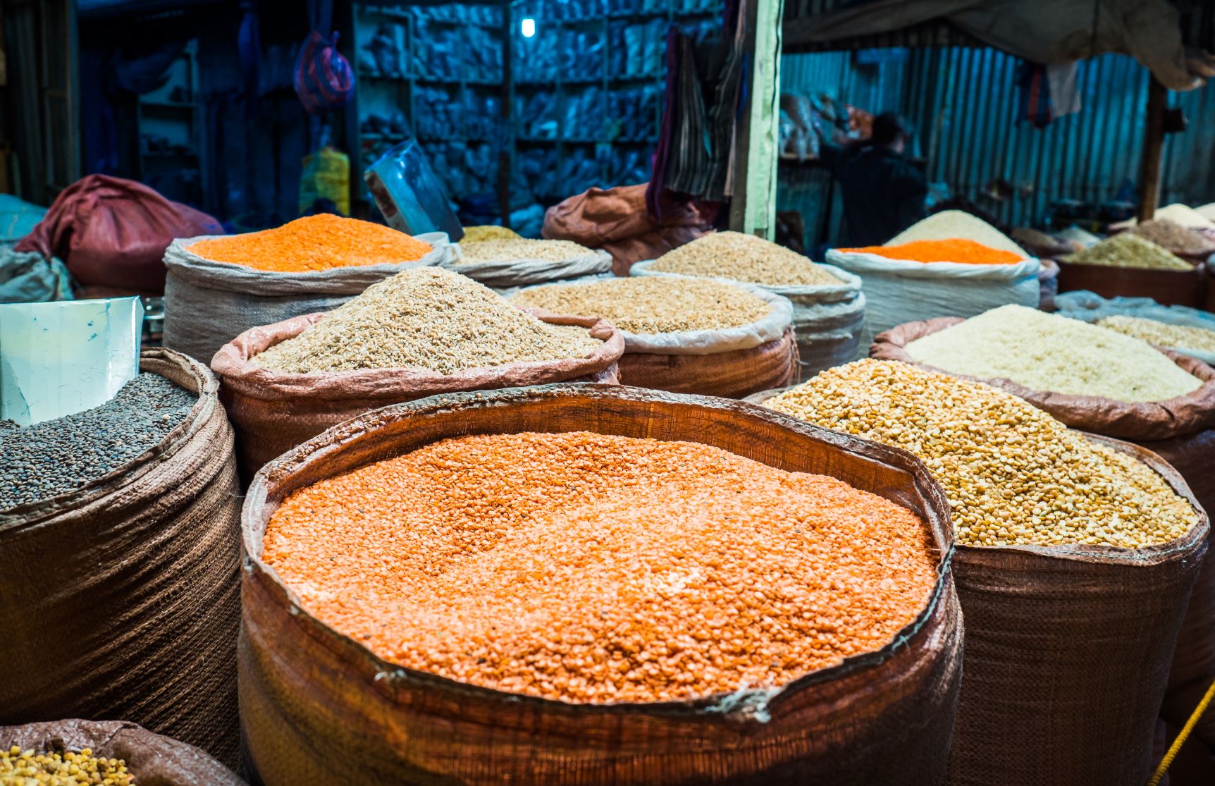 Bag of grain (lentils) in market