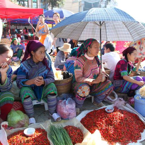 A group of people sitting on the ground and holding umbrellas, displaying produce, including chillis for sale